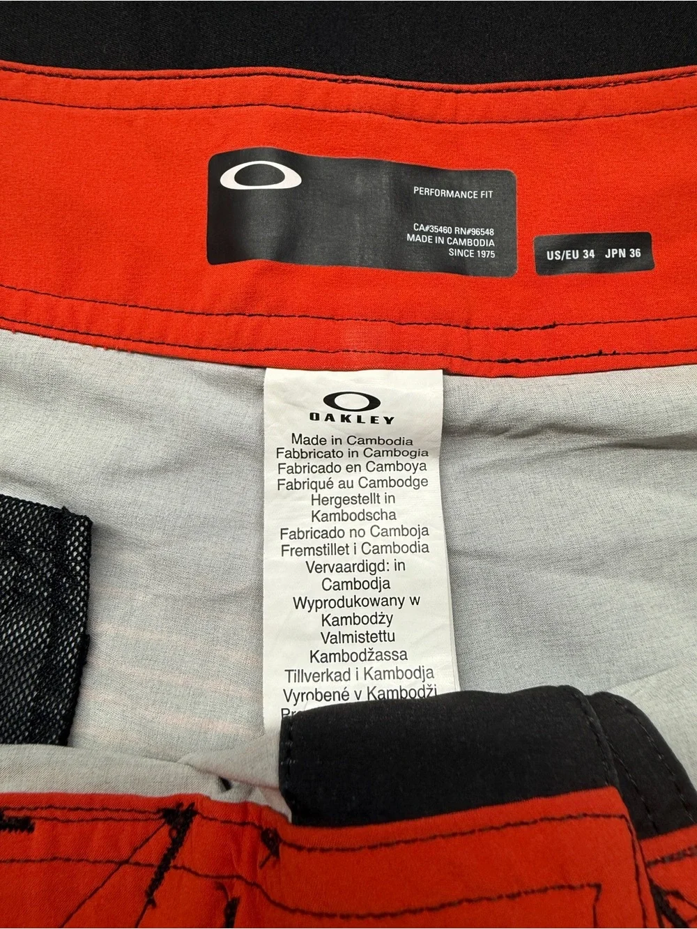Oakley Gray & Red Striped Swim Board Shorts